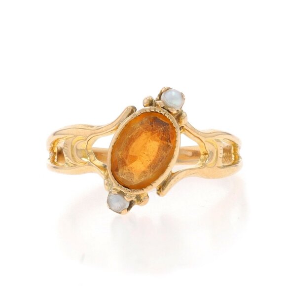 Yellow Gold Citrine & Cultured Seed Pearl Edwardian Ring 10k Oval .71ct Antique